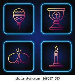 Set line Burning candle in candlestick, Easter eggs, Balloons with ribbon and Christian chalice. Gradient color icons. Vector