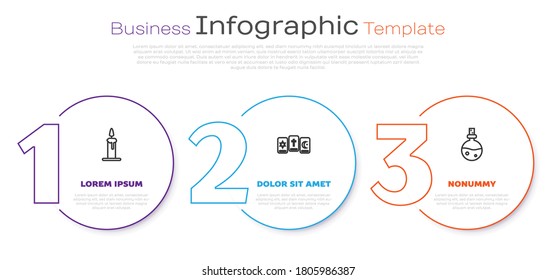 Set line Burning candle in candlestick, Three tarot cards and Bottle with love potion. Business infographic template. Vector