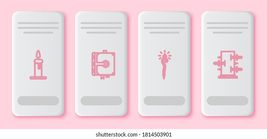 Set line Burning candle in candlestick, Ancient magic book, Magic staff and Trunk for tricks. White rectangle button. Vector