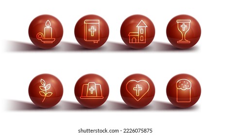 Set line Burning candle in candlestick, Willow leaf, Christian chalice, cross heart, Pope hat, Holy bible book, Easter cake and Church building icon. Vector