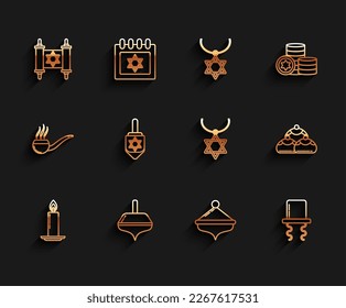 Set line Burning candle in candlestick, Hanukkah dreidel, Torah scroll, Orthodox jewish hat with sidelocks, Jewish sweet bakery and Star of David necklace on chain icon. Vector