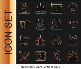 Set line Burning candle in candlestick, Basket with easter eggs, Dove, Flag christian cross, Monk, Knight crusader and Grave tombstone icon. Vector