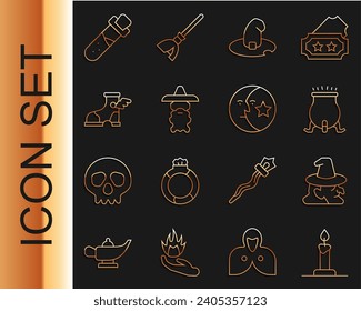 Set line Burning candle in candlestick, Witch, cauldron, hat, Wizard warlock, Hermes sandal, Bottle with potion and Moon stars icon. Vector