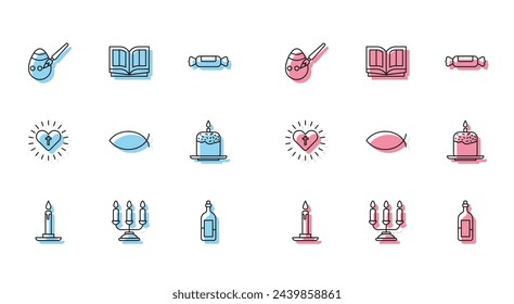 Set line Burning candle in candlestick, Candelabrum with candlesticks, Easter egg paint brush, Bottle of wine, Christian fish, cake, cross heart and Holy bible book icon. Vector