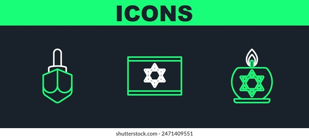 Set line Burning candle in candlestick with star of david, Hanukkah dreidel and Flag Israel icon. Vector