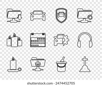 Set line Burning candle in candlestick, Tombstone with cross, Car protection or insurance, FTP folder upload, download, Calendar, Bottle of wine bucket and Headphones icon. Vector