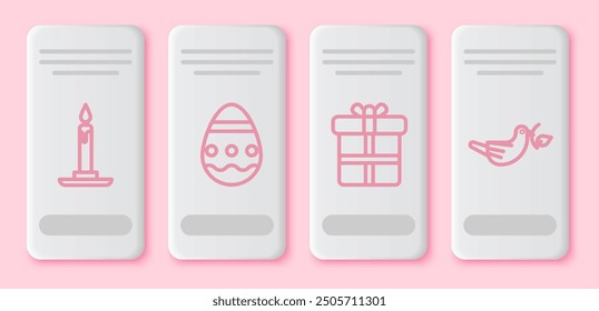 Set line Burning candle in candlestick, Easter egg, Gift box and Peace dove with olive branch. White rectangle button. Vector