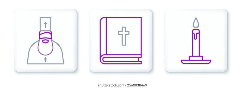 Set line Burning candle in candlestick, Priest and Holy bible book icon. Vector