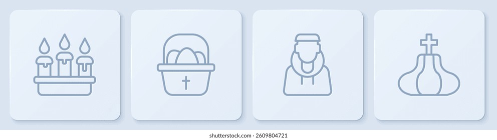Set line Burning candle in candlestick, Monk, Basket with easter eggs and Church tower. White square button. Vector