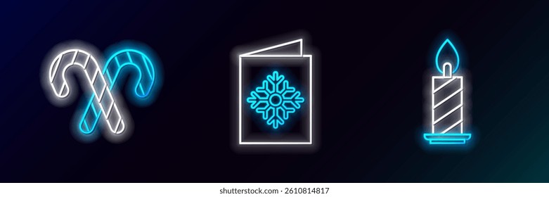 Set line Burning candle in candlestick, Christmas candy cane with stripes and postcard icon. Glowing neon. Vector