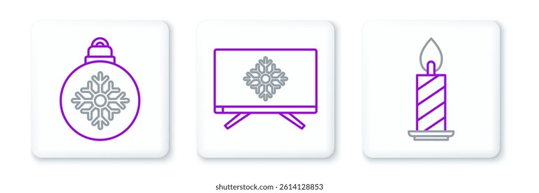 Set line Burning candle in candlestick, Christmas ball and Merry on television icon. Vector