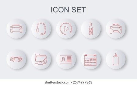 Set line Burning candle, Cars, Video play button, Calendar, Headphones with microphone, FTP folder upload and Music book note icon. Vector