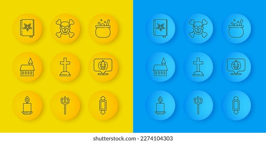 Set line Burning candle, Castle, Tombstone with cross, Candy, Pumpkin, Ancient magic book, Halloween witch cauldron and Skull crossbones icon. Vector