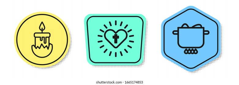 Set line Burning candle, Christian cross and heart and Egg in hot pot. Colored shapes. Vector