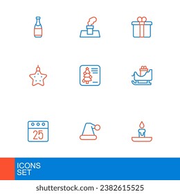 Set line Burning candle, Christmas Santa Claus hat, day calendar, santa claus sleigh, star, postcard, Gift box and chimney icon. Vector