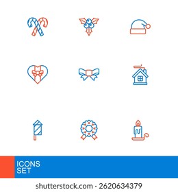 Set line Burning candle, Christmas wreath, Firework rocket, Merry house, Gift box, bow, Santa Claus hat and Branch viburnum icon. Vector