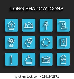 Set line Burning candle, Church tower, Pope hat, Muslim Mosque, Easter cake, Yin Yang, Holy bible book and Star crescent icon. Vector