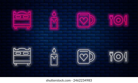 Vela ardiente, corazón de taza de café, dormitorio y plato, cuchillo de tenedor. Icono de neón brillante en la pared de ladrillo. Vector