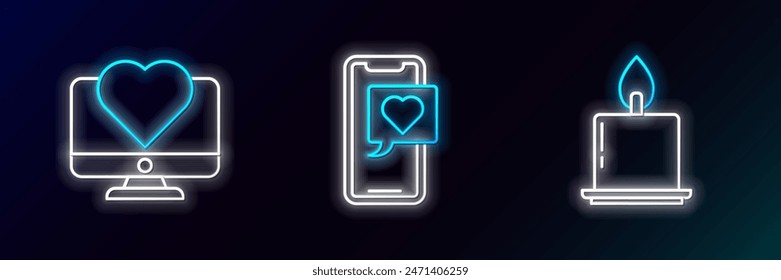 Set line Burning candle, Computer monitor with heart and Smartphone speech bubble icon. Glowing neon. Vector