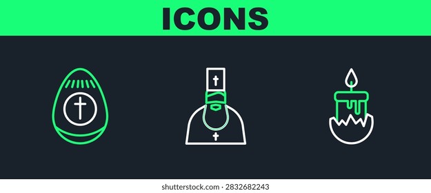 Set line Burning candle, Easter egg and Priest icon. Vector