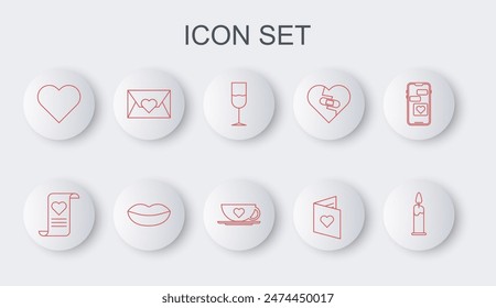 Set line Burning candle, Envelope with Valentine heart, Wine glass, Valentines day flyer, Heart, Smiling lips and Coffee cup icon. Vector