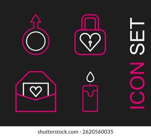 Fije la vela ardiente de la línea, sobre con el corazón de San Valentín, cerradura y el icono masculino del símbolo del género. Vector