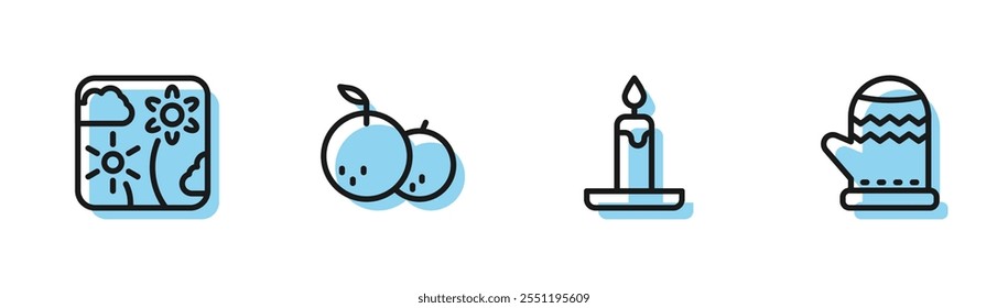 Set line Burning candle, Firework rocket, Tangerine and Christmas mitten icon. Vector