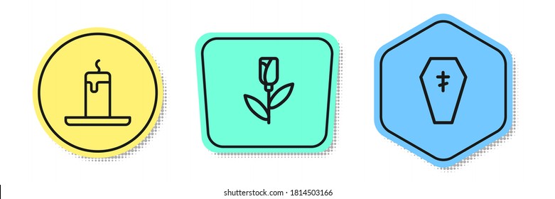 Set line Burning candle, Flower rose and Coffin with cross. Colored shapes. Vector