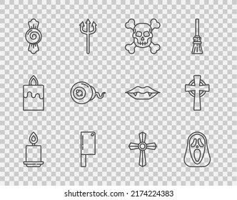Fijar la línea Arder vela, Divertida máscara fantasma de miedo, Calavera sobre los huesos cruzados, Cuchara de carne, Candy, Ojo, Piedra de lápida con y icono. Vector