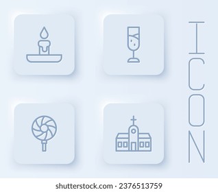 Set line Burning candle, Glass of champagne, Lollipop and Church building. White square button. Vector