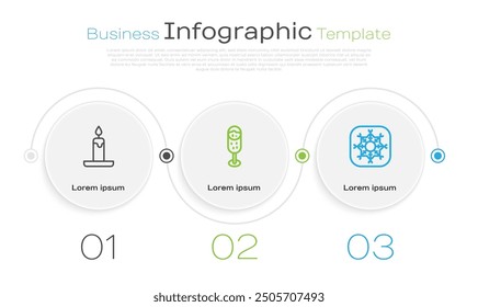 Set line Burning candle, Glass of champagne and Snowflake. Business infographic template. Vector