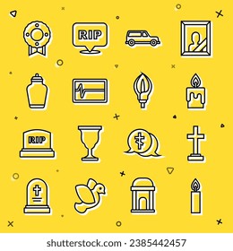 Set line Burning candle, Grave with cross, Hearse car, Beat dead monitor, Funeral, Memorial wreath and Lily flower icon. Vector