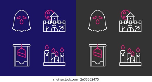 Set line Burning candle, Guillotine, Castle, fortress and Ghost icon. Vector