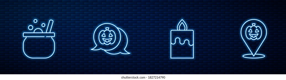 Set line Burning candle, Halloween witch cauldron, Pumpkin and . Glowing neon icon on brick wall. Vector