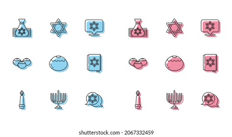 Set line Burning candle, Hanukkah menorah, Jewish money bag, Star of David, sweet bakery, torah book,  and  icon. Vector