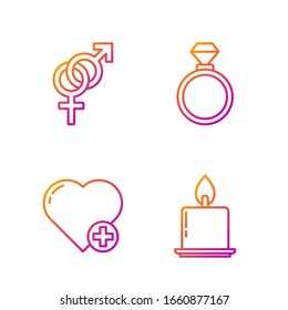 Set line Burning candle, Heart, Gender and Wedding rings. Gradient color icons. Vector