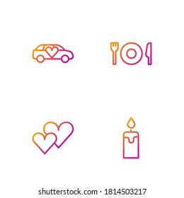 Set line Burning candle, Heart, Limousine car and Plate, fork knife. Gradient color icons. Vector