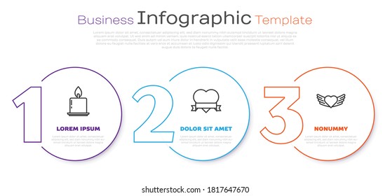 Set line Burning candle, Heart and ribbon and Heart with wings. Business infographic template. Vector