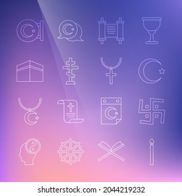 Fijar la línea Arder velas, la esvástica hindú, la media luna de las estrellas, el decreto, el papel, el pergamino, la cruz cristiana, la mezquita de Kaaba y el icono de la cadena. Vector
