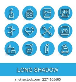 Set line Burning candle, Honey dipper stick bowl, Tea bag, Spray for hairspray, Stack hot stones, Heart heal, Aroma lamp and Cotton swab ears icon. Vector