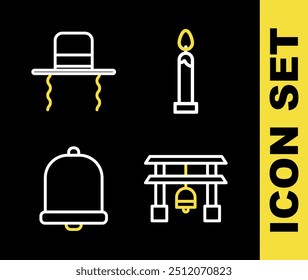 Set line Burning candle, Japan Gate, Church bell and Orthodox jewish hat with sidelocks icon. Vector