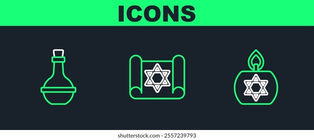 Set line Burning candle, Jewish wine bottle and Torah scroll icon. Vector