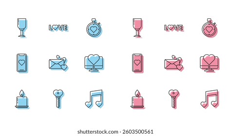 Set line Burning candle, Key heart shape, Wine glass, Music note, tone with hearts, Envelope, Computer monitor, Mobile phone and Love text icon. Vector