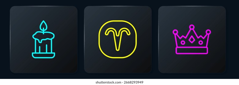 Definir linha Vela de queimado, coroa do Rei e Aries zodíaco. Botão quadrado preto. Vetor