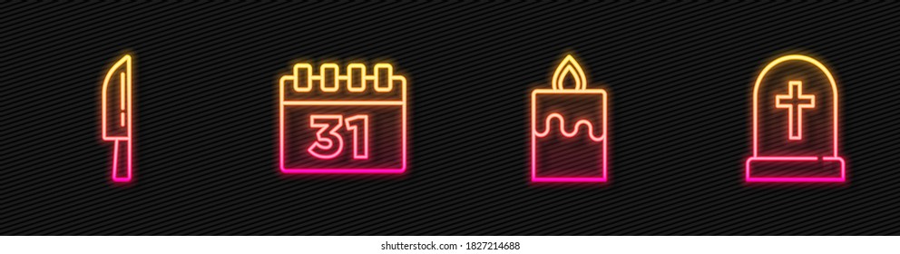 Set line Burning candle, Knife, Calendar with Halloween and Tombstone cross. Glowing neon icon. Vector