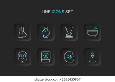 Set line Burning candle, Magic runes, Ancient magic book, Skull, Witch cauldron, Old hourglass, Bottle with love potion and Rabbit ears icon. Vector