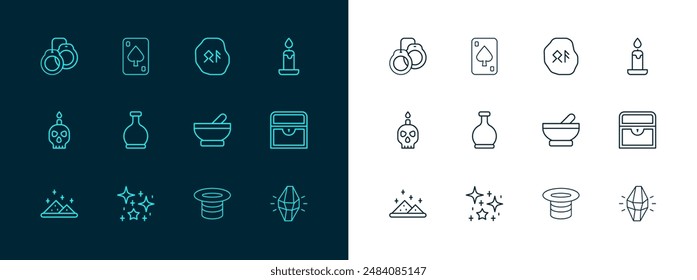 Set line Burning candle, Magical glitter particles, Witch cauldron, hat, Bottle with potion, runes, Handcuffs and Playing cards icon. Vector