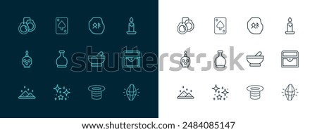 Set line Burning candle, Magical glitter particles, Witch cauldron, hat, Bottle with potion, runes, Handcuffs and Playing cards icon. Vector