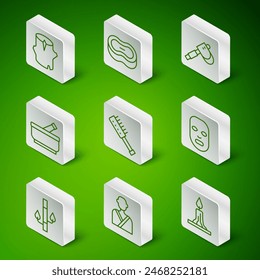 Set line Burning candle, Man the sauna, Wooden log, Sauna brush, Mortar pestle, Bar of soap, Bamboo and Facial cosmetic mask icon. Vector