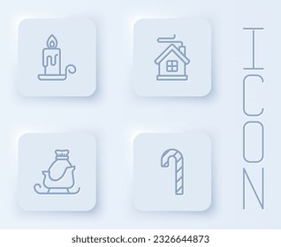 Set line Burning candle, Merry Christmas house, santa claus sleigh and Candy cane with stripes. White square button. Vector